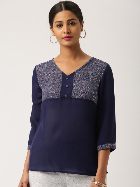 

IMARA by Women Navy Printed Semi-Sheer Top, Navy blue