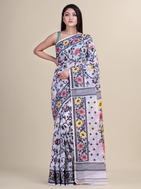 

Laa Calcutta White & Black Floral Silk Cotton Jamdani Saree