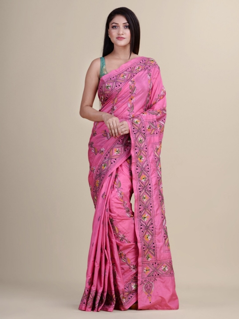 

Laa Calcutta Pink & Orange Floral Silk Cotton Jamdani Saree