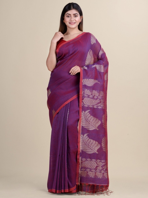 

Laa Calcutta Purple & Gold-Toned Floral Silk Cotton Jamdani Saree