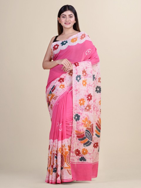

Laa Calcutta Pink & Orange Floral Silk Cotton Jamdani Saree