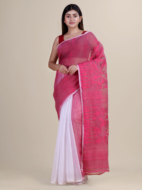 

Laa Calcutta White & Pink Woven Design Silk Cotton Jamdani Saree