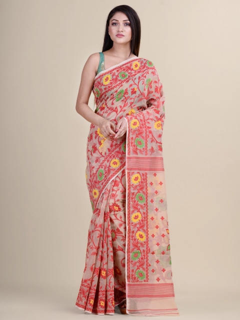 

Laa Calcutta Beige & Red Floral Silk Cotton Jamdani Saree