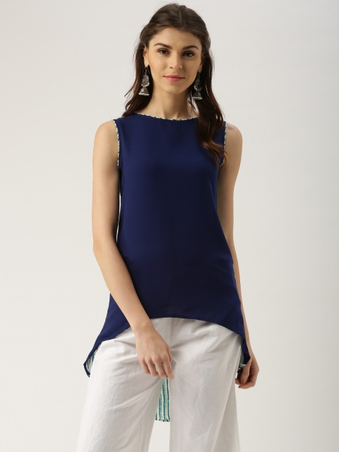 

IMARA Fusion Women Navy & White High-Low Top with Printed Back, Navy blue