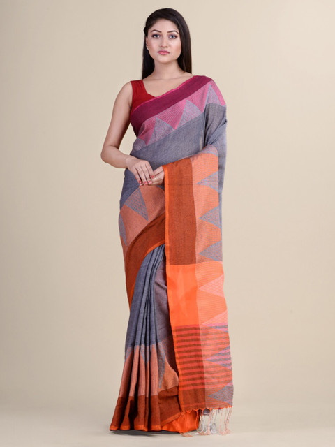 

Laa Calcutta Grey & Orange Woven Design Silk Cotton Jamdani Saree