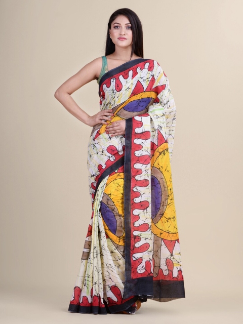 

Laa Calcutta White & Red Batik Silk Cotton Jamdani Saree