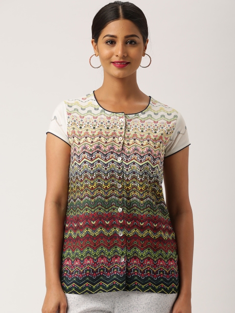 

IMARA Women Green & White Printed Shirt-Style Top