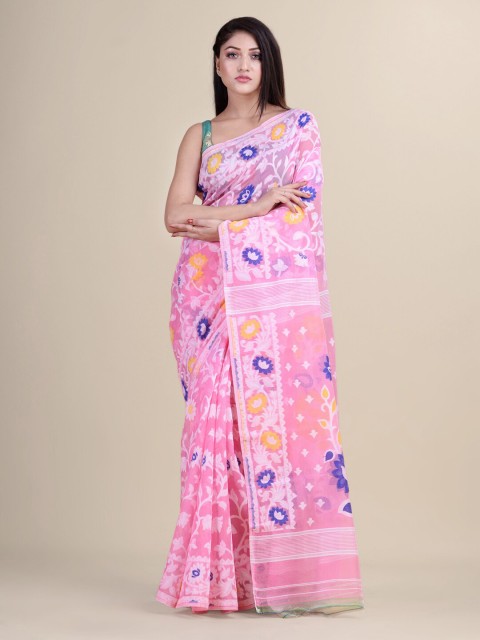 

Laa Calcutta Pink & White Woven Design Silk Cotton Jamdani Saree