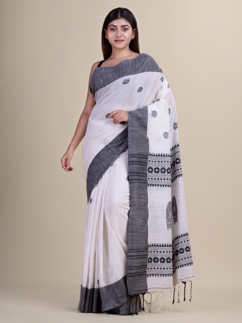 

Laa Calcutta Black & White Ethnic Motifs Silk Cotton Jamdani Saree
