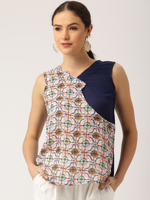 

IMARA Women Navy & White Printed Wrap Top, Navy blue