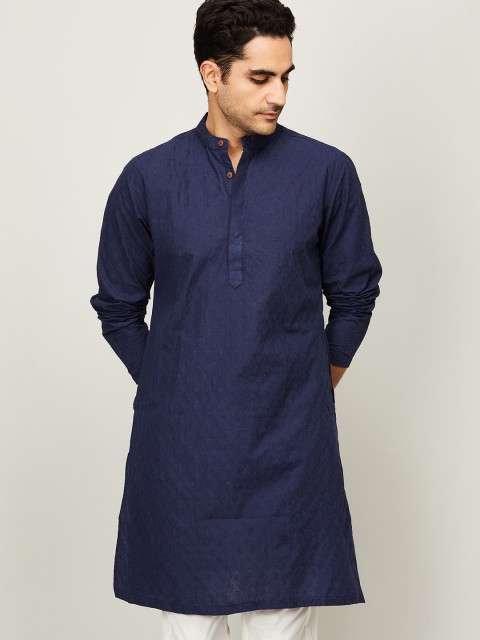

Melange by Lifestyle Men Navy Blue Ethnic Motifs Embroidered Flared Sleeves Thread Work Kurta