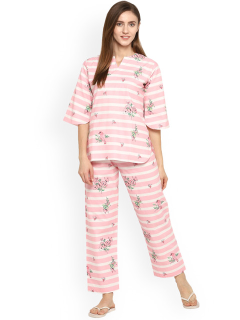 

shopbloom Women Pink & White Pure Cotton Night suit