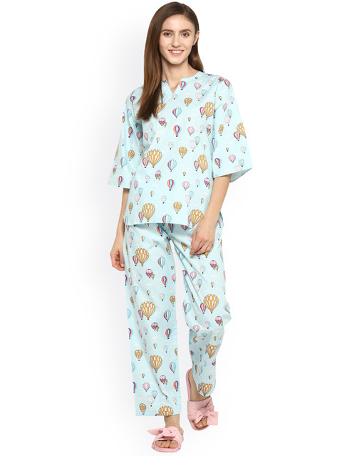 

shopbloom Women Blue Printed Pure Cotton Night suit