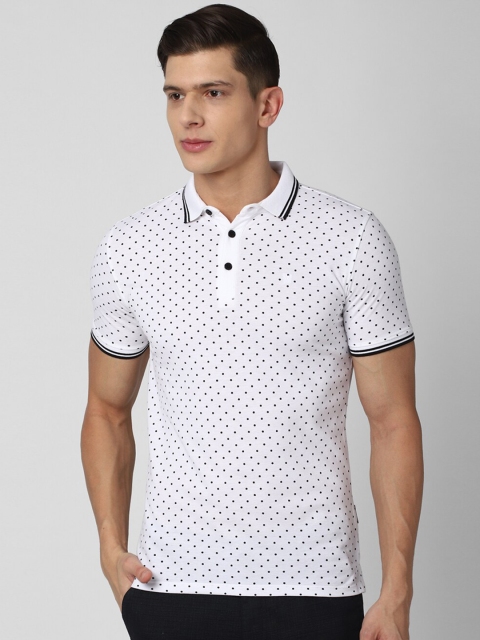 

V Dot Men White Printed Polo Collar Slim Fit T-shirt