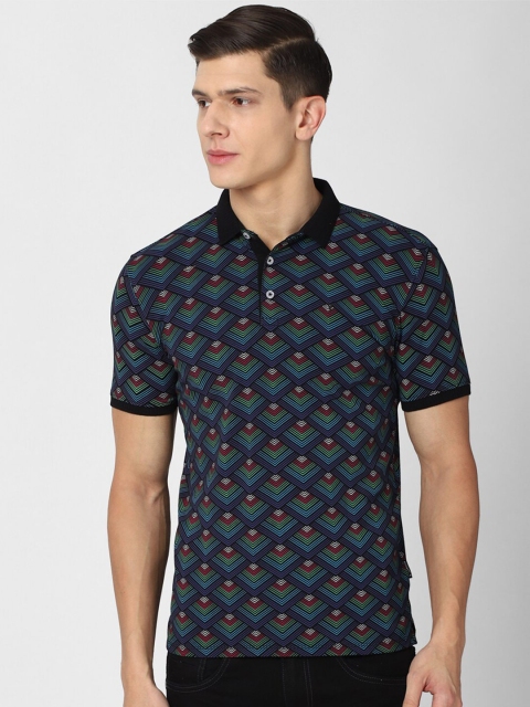 

V Dot Men Black & Blue Printed Polo Collar Slim Fit T-shirt