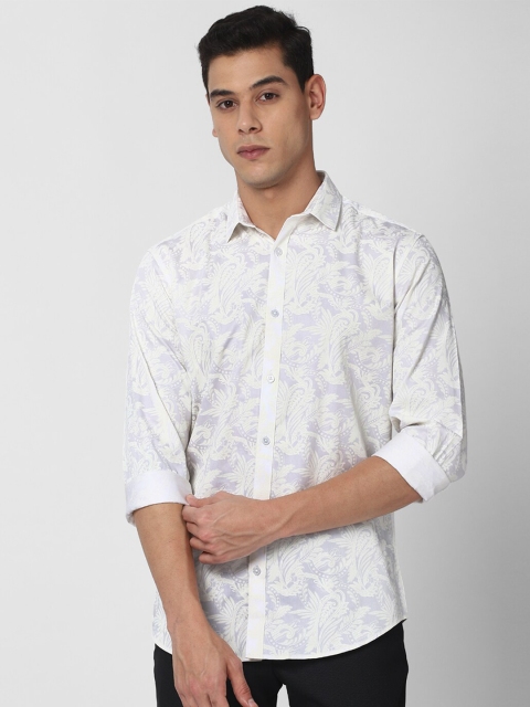 

V Dot Men White Floral Printed Slim Fit Cotton Casual Shirt