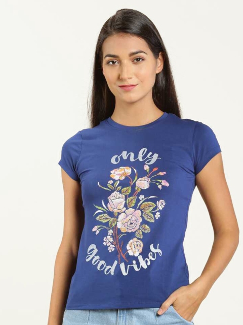 

LYRA Women Blue Floral Printed Extended Sleeves Slim Fit Outdoor T-shirt
