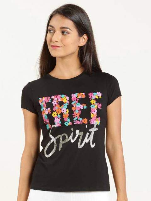 

LYRA Women Black & Pink Floral Typography Printed Slim Fit T-shirt