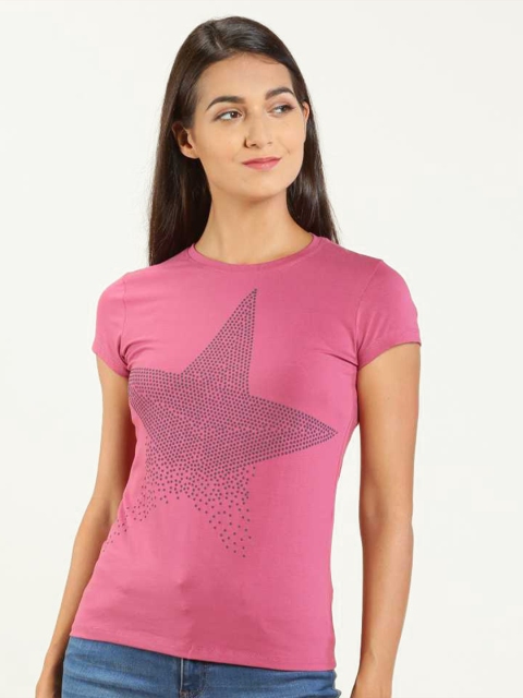 

LYRA Women Pink Printed Slim Fit Cotton Outdoor T-shirt