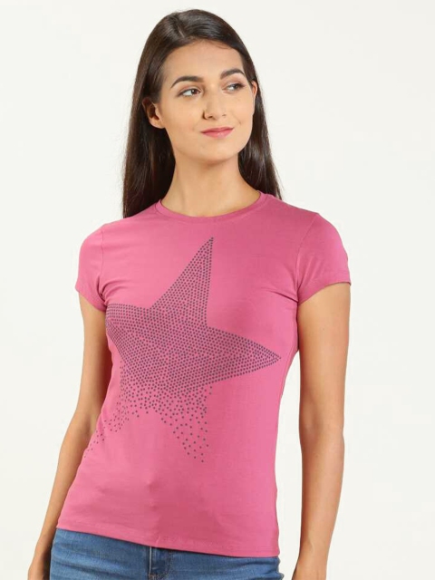 

LYRA Women Pink Printed Slim Fit Cotton T-shirt