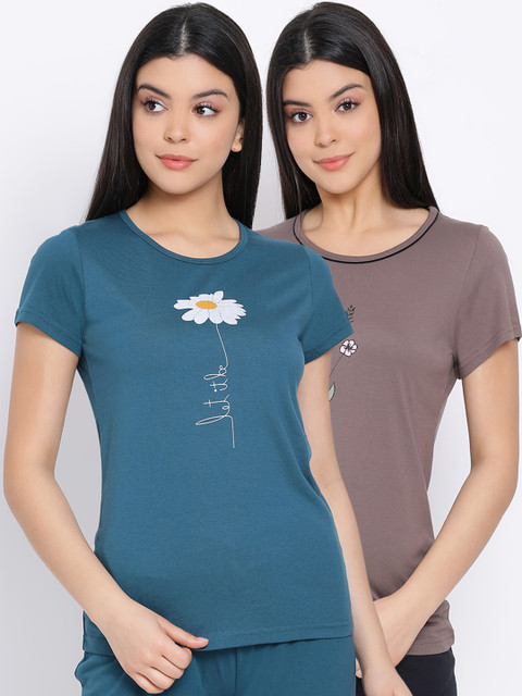 

Kanvin Women Teal & Brown Pack of 2 Printed Pure Cotton Lounge Tshirts
