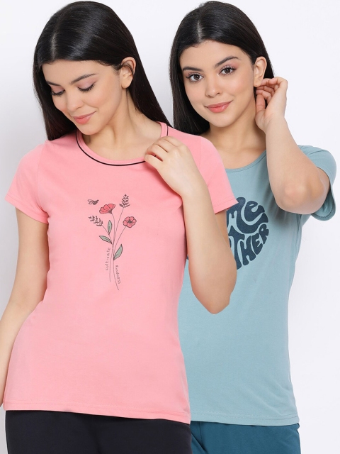 

Kanvin Women Pack Of 2 Printed Pure Cotton Lounge T-shirts, Blue