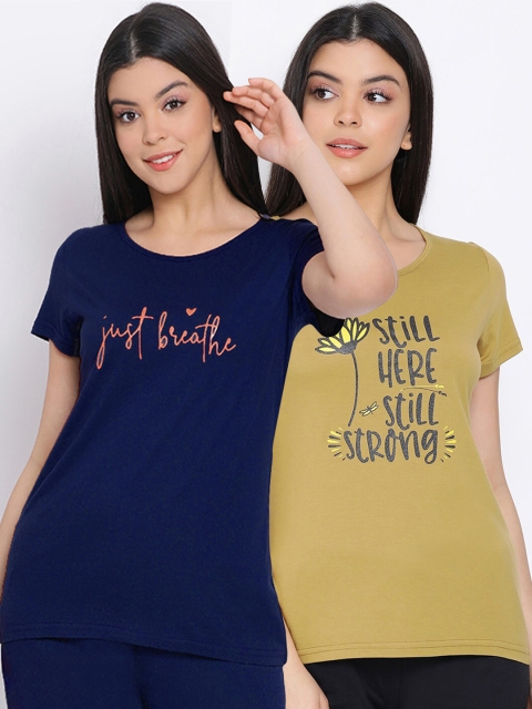 

Kanvin Women Green & Navy Blue Pack Of 2 Printed Pure Cotton Lounge T-shirts