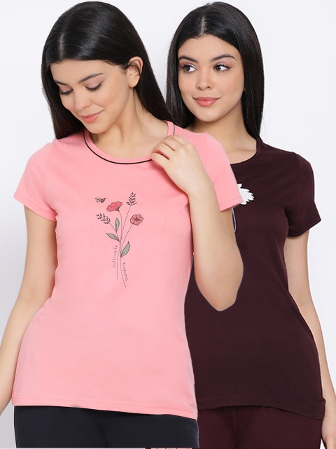 

Kanvin Women Pack Of 2 Pure Cotton Lounge T-shirts, Coffee brown
