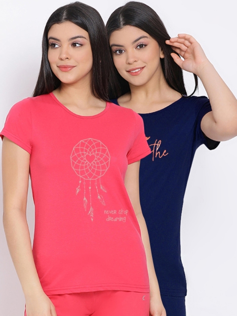 

Kanvin Women Pack Of 2 Printed Pure Cotton Lounge T-shirts, Navy blue