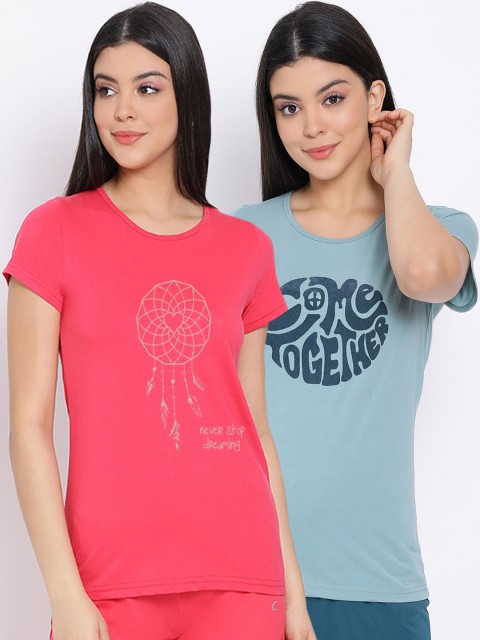 

Kanvin Women Sea Green & Pink Pack Of 2 Printed Pure Cotton Lounge T-shirts
