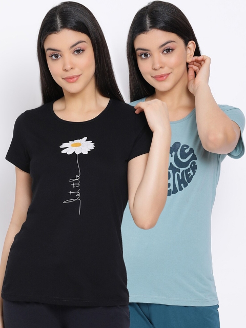 

Kanvin Women Pack Of 2 Printed Pure Cotton Lounge T-shirts, Sea green