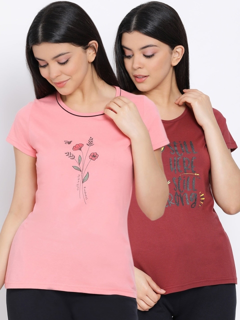 

Kanvin Women Pack Of 2 Printed Pure Cotton Lounge T-shirts, Maroon