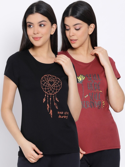

Kanvin Women Maroon & Black Pack Of 2 Printed Pure Cotton Lounge Tshirts