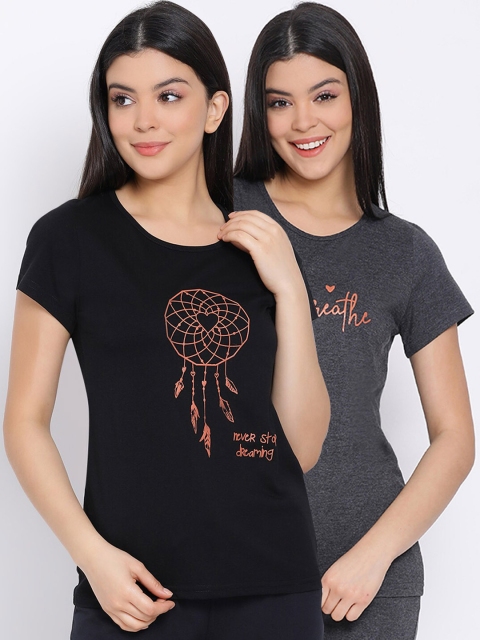 

Kanvin Women Pack Of 2 Printed Pure Cotton Lounge T-shirts, Charcoal