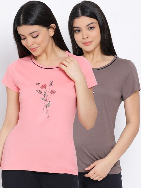 

Kanvin Women Pink & Black Pack Of 2 Printed Pure Cotton Lounge T-shirts