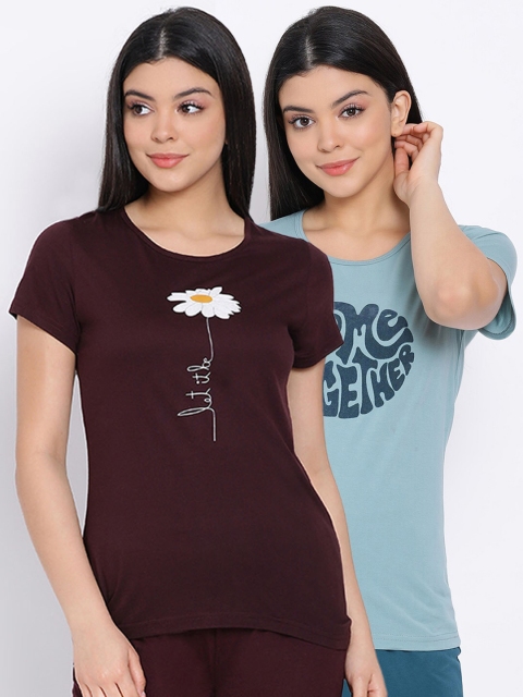

Kanvin Women Pack Of 2 Pure Cotton Lounge T-shirts, Coffee brown