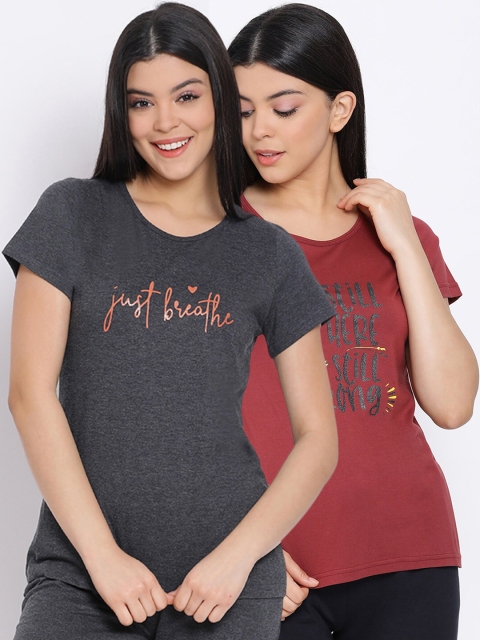 

Kanvin Women Pack Of 2 Printed Pure Cotton Lounge T-shirts, Maroon