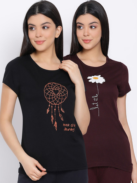 

Kanvin Women Pack Of 2 Pure Cotton Lounge T-shirts, Coffee brown