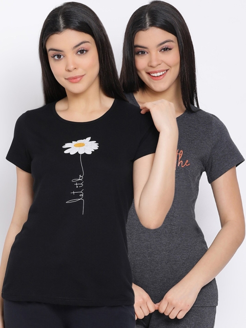 

Kanvin Women Pack Of 2 Printed Pure Cotton Lounge T-shirts, Black