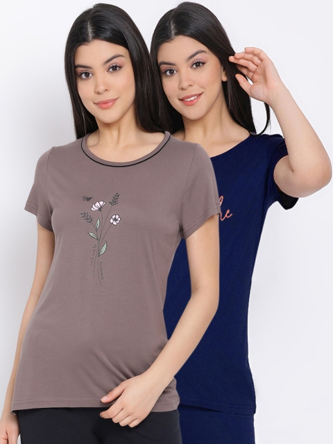 

Kanvin Women Brown & Blue Pack Of 2 Printed Pure Cotton Lounge T-shirts