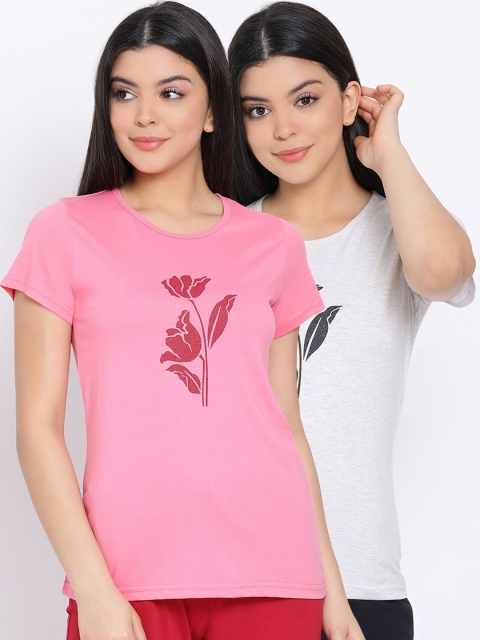 

Kanvin Women Grey & Pink Pack Of 2 Printed Pure Cotton Lounge T-shirts