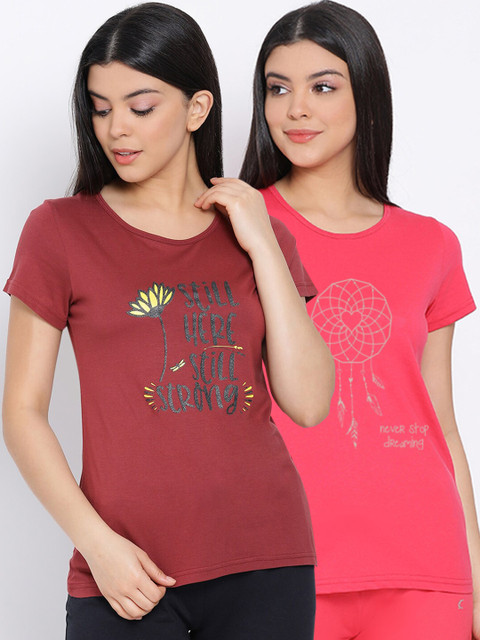 

Kanvin Women Maroon & Pink Pack Of 2 Printed Pure Cotton Lounge T-shirts