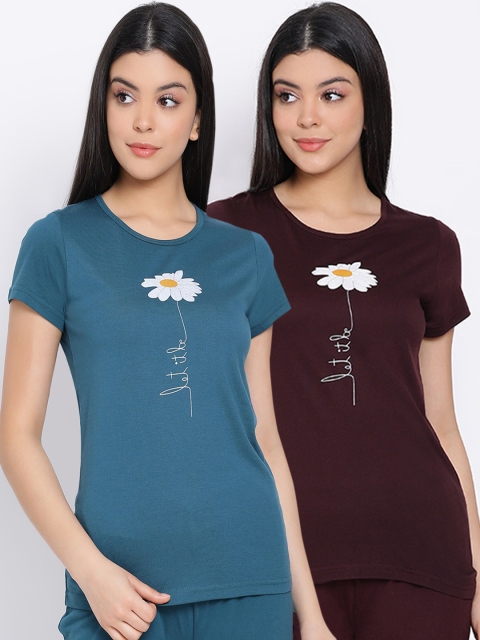 

Kanvin Women Pack Of 2 Pure Cotton Lounge T-shirts, Coffee brown