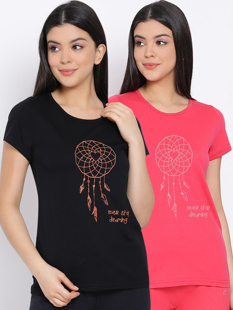 

Kanvin Women Pack of 2 Pink & Black Printed Cotton Lounge Tshirts