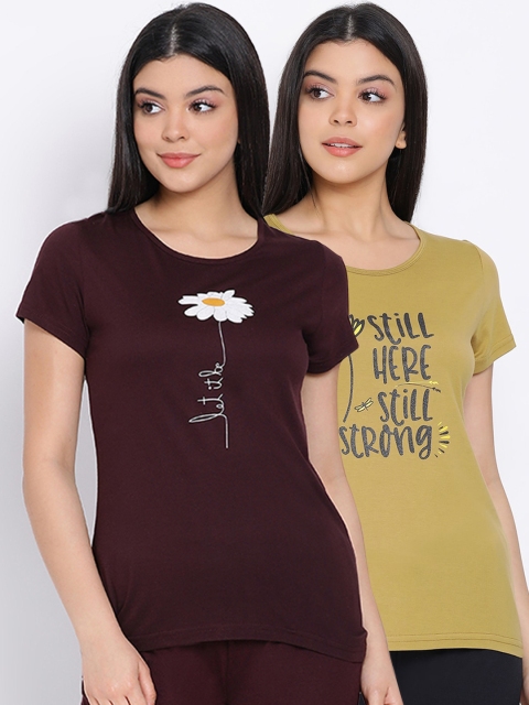 

Kanvin Women Green & Brown Pack Of 2 Printed Pure Cotton Lounge T-shirts