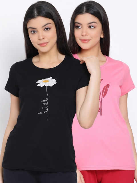 

Kanvin Women Pack Of 2 Printed Pure Cotton Lounge T-shirts, Black