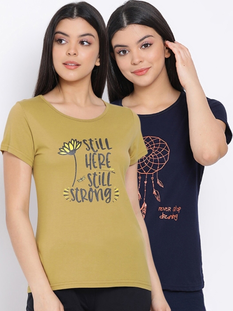 

Kanvin Pack of 2 Women Navy Blue & olive Green Printed Cotton Lounge T-Shirts