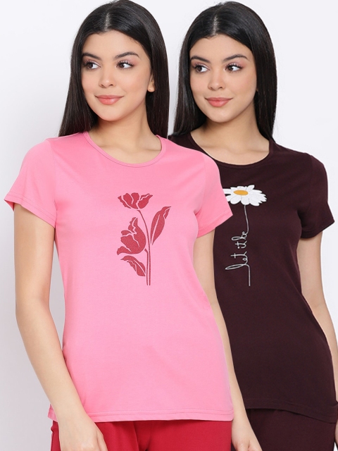 

Kanvin Women Brown & Pink Pack Of 2 Printed Pure Cotton Lounge T-shirts