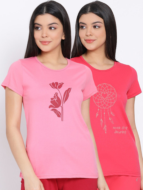 

Kanvin Women Pink Pack Of 2 Printed Pure Cotton Lounge T-shirts