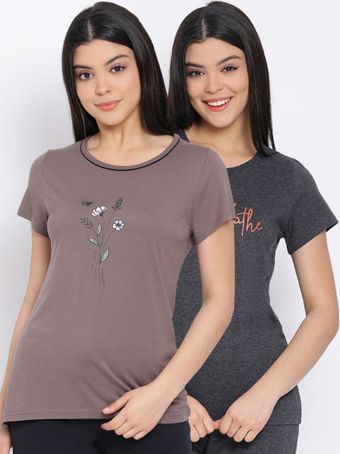 

Kanvin Women Charcoal Grey & Brown Pack Of 2 Printed Pure Cotton Lounge T-shirts